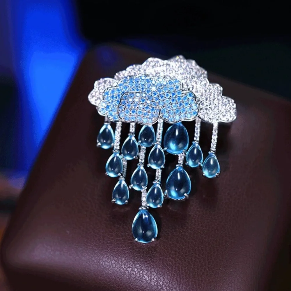 Elegant Blue and Silver Cloud Brooch, Rain Cloud Brooch